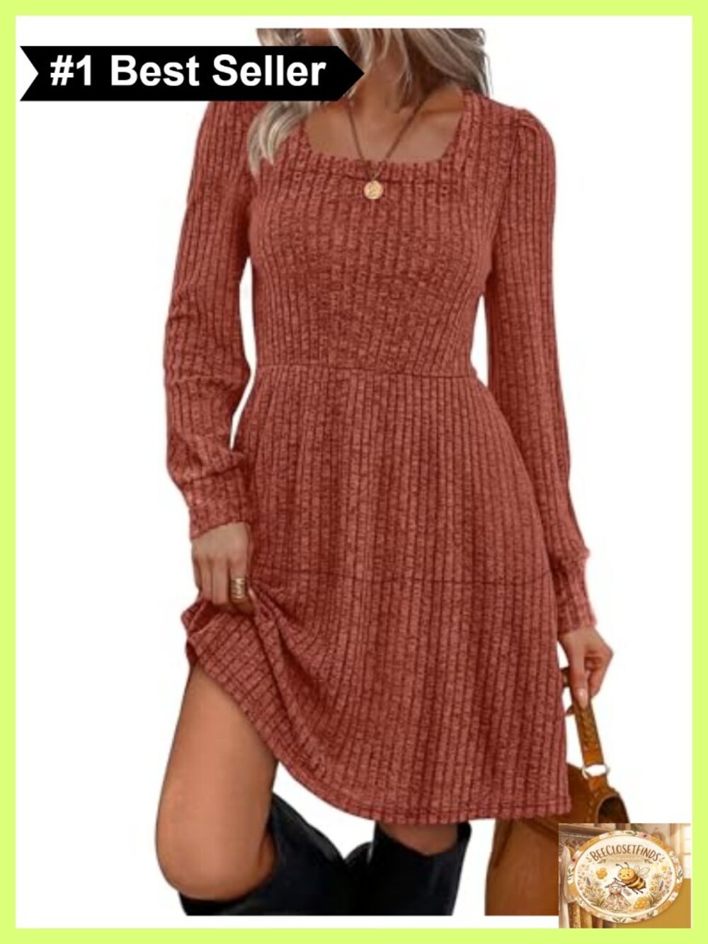 Square Neck Long Sleeve Babydoll Sweater Dress Casual Tunic Fall